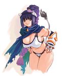  bell braid breasts cropped_legs curvy gauntlets high_ponytail highres large_breasts leaning_forward mole mole_under_mouth mugen_no_fantasia ryoji_(nomura_ryouji) smile solo tail 