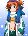  blue_eyes gen_3_pokemon hands_in_pockets jacket kakkii kasumi_(pokemon) kyogre midriff navel orange_hair pokemon pokemon_(creature) scarf side_ponytail solo suspenders 