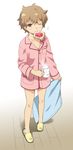  animal_slippers bottomless brown_eyes brown_hair cup food food_in_mouth mattaku_mousuke mouth_hold mug one_eye_closed original pajamas pillow short_hair sleepy slippers solo toast toast_in_mouth 