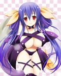  asymmetrical_wings bad_id bad_pixiv_id blue_hair blush breasts cleavage curvy dizzy guilty_gear huge_breasts kabe_(ryuryuta) long_hair red_eyes ribbon smile solo tail tail_ribbon thighhighs underboob wings 