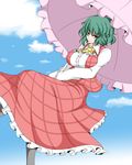  ascot breasts cloud day dress green_hair highres kazami_yuuka large_breasts pantyhose parasol plaid plaid_skirt plaid_vest red_eyes shirt short_hair skirt skirt_set sky smirk solo taut_clothes taut_shirt touhou umbrella umbrella_riding vest zefyu 