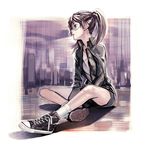  amasawa_yuuko dennou_coil glasses iwai_ryou shoes short_hair sitting sneakers solo twintails 