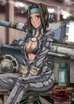  bad_id bad_pixiv_id between_thighs blush bra breasts brown_hair cleavage dark_skin ground_vehicle headband himeshima_koukichi jumpsuit lantern large_breasts lavinia_lane lingerie mechanic military military_vehicle motor_vehicle open_clothes senjou_no_valkyria senjou_no_valkyria_2 short_hair sitting smile solo tank underwear v_arms 