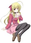  ahoge bad_id bad_pixiv_id blonde_hair bow drill_hair hair_bow hair_ribbon hayate_no_gotoku! long_hair pantyhose ponytail red_eyes ribbon ryouta school_uniform sitting solo tennousu_athena 