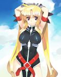  ahoge armband armor armpits arms_behind_head arms_up belt blonde_hair breasts cloud day dress fate_testarossa gauntlets large_breasts loincloth long_hair lyrical_nanoha magical_girl mahou_shoujo_lyrical_nanoha outdoors red_eyes ryuuta_(msxtr) shiny shiny_clothes sky smile solo standing turtleneck twintails very_long_hair 