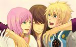  2boys armor artist_request black_hair blonde_hair estellise_sidos_heurassein flynn_scifo gloves green_eyes grin hug hug_from_behind long_hair multiple_boys pink_hair short_hair smile tales_of_(series) tales_of_vesperia yuri_lowell 