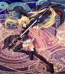  armband ass bangs bardiche belt black_legwear blonde_hair blue_ribbon brown_eyes cape fate_testarossa fingerless_gloves floating_hair from_side full_body gloves hair_ribbon holding holding_weapon knee_up long_hair lyrical_nanoha magic_circle mahou_shoujo_lyrical_nanoha mahou_shoujo_lyrical_nanoha_the_movie_1st microskirt no_panties open_mouth red_eyes ribbon skirt solo staff thighhighs torn_clothes torn_legwear twintails two-handed very_long_hair weapon yotsuha_(little_squash) 