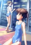  absurdres ass barefoot brown_hair competition_swimsuit flat_chest highres indoors looking_back multiple_girls one-piece_swimsuit original ponytail pool poolside reflection shiny shiny_clothes snow swimsuit takoyaki_(roast) twintails water wet winter 