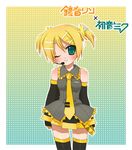  bad_id bad_pixiv_id blush detached_sleeves hair_ornament hairpin hatsune_miku headset if_they_mated kagamine_rin necktie one_eye_closed satou_(sugar) short_twintails solo thighhighs twintails vocaloid 