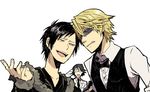  bad_id bad_pixiv_id black_hair blonde_hair bow bowtie durarara!! heiwajima_shizuo jacket kishitani_shinra labcoat male_focus multiple_boys necktie orihara_izaya smile sunglasses vox 