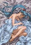  90s bangs barefoot bed bed_sheet blue_hair blush child closed_eyes duplicate feet fetal_position flat_chest from_above hair_bobbles hair_ornament highres indoors kawarajima_kou legs long_hair lying masaki_sasami_jurai naked_sheet nude on_side parted_bangs plantar_flexion scan sheet_grab sidelocks sleeping solo tenchi_muyou! twintails 