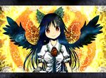  black_hair black_wings bow brown_eyes green_bow hair_bow letterboxed long_hair looking_at_viewer radiation_symbol reiuji_utsuho smile solo symbol-shaped_pupils touhou umebayashi_saki wings 