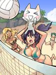  &gt;_&lt; :d :o barefoot beach beach_volleyball bikini bikini_tan blonde_hair breasts cat cleavage cliff closed_eyes day doko_demo_issho feet green_eyes green_hair inoue_toro large_breasts mariel_cartwright midriff multiple_girls navel net ocean open_mouth palm_tree purple_hair sideboob smile string_bikini swimsuit tan tanline tree twintails underboob volleyball volleyball_net 