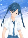  asterisk_(artist) black_eyes blue_hair idolmaster idolmaster_(classic) kisaragi_chihaya long_hair necktie rough_time_school school_uniform solo twintails 