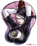  1girl arms_up awairo bayonetta bayonetta_(character) beauty_mark black_hair blue_eyes breasts cleavage_cutout earrings eyeshadow female glasses hair_bun highres jewelry long_hair makeup mole red_ribbon ribbon satsuki_yuu_(awairo) solo white_background 