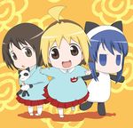  ahoge animal_costume animal_hood anzu_(hanamaru_youchien) blue_hair brown_hair cat_hood hanamaru_youchien hiiragi_(hanamaru_youchien) hood kindergarten koume_(hanamaru_youchien) multicolored_hair multiple_girls panda_costume school_uniform stuffed_animal stuffed_toy usatarou 