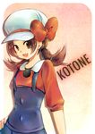  brown_eyes brown_hair cabbie_hat character_name hand_on_hip hat hat_ribbon kotone_(pokemon) open_mouth pokemon pokemon_(game) pokemon_hgss red_ribbon ribbon smile solo suspenders tachiuo_(arines) twintails 
