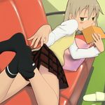  black_legwear blush book commentary_request couch covering_mouth feet hands kanna_asuke legs_up looking_back lying maka_albarn naughty_face on_stomach skirt skirt_lift smile socks solo soul_eater sweater teasing 