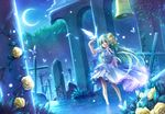  animal bell bird blue butterfly cross dress flowers green_hair leaves long_hair magic moon night original rose ruins stars ueno_tsuki water yellow_eyes 