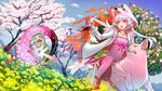  animal cape cherry_blossoms creeper crossover flowers grass hoodie long_hair minecraft okami pink_eyes purple_hair rose tree twintails vocaloid voiceroid watermark yuzuki_yukari 