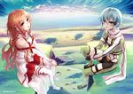  blue_eyes blue_hair braids clouds gun_gale_online landscape long_hair orange_eyes orange_hair scenic shinon_(sao) short_hair sword_art_online tagme_(artist) thighhighs water watermark yuuki_asuna 