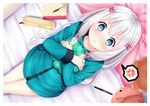  bed blue_eyes blush bow eromanga-sensei izumi_sagiri kaho_okashii long_hair tears watermark white_hair 