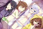  akatsuki_(kancolle) ass bikini black_hair blue_eyes blue_hair blush breast_grab brown_eyes brown_hair fang group hibiki_(kancolle) ikazuchi_(kancolle) inazuma_(kancolle) kantai_collection long_hair myuton navel no_bra open_shirt panties sleeping striped_panties swimsuit underwear wink 