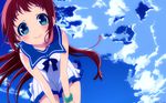  blue_eyes brown_hair close clouds long_hair mukaido_manaka nagi_no_asukara seifuku sky tagme_(artist) wristwear 