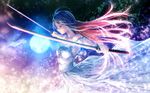  blue_hair dress green_eyes katana long_hair moon original red_hair rezi sword weapon 