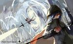  2girls cape clouds gray_hair hoodie jpeg_artifacts logo long_hair pixiv_fantasia red_eyes sishenfan spear weapon wings 