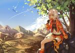  blonde_hair clouds dragon food gloves grass landscape long_hair navel pixiv_fantasia scenic shorts socks thighhighs transistor tree yellow_eyes 