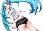  aliasing aqua_hair ass blue_eyes blush drink hatsune_miku long_hair shorts sukesan twintails vocaloid white 