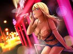  blonde_hair blue_eyes breasts cigarette city cleavage hunie_pop jessie_maye long_hair night ninamo shorts smoking 