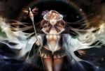  anthropomorphism breasts brown_hair cleavage gray_eyes horns magic navel no_bra open_shirt pixiv_fantasia skirt staff 