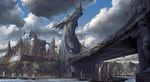  boat building city clouds dragon noba pixiv_fantasia scenic signed sky water 