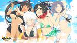  asuka_(senran_kagura) bikini breasts cleavage dark_skin homura_(senran_kagura) miyabi_(senran_kagura) senran_kagura swimsuit tan_lines underboob water wink yaegashi_nan yumi_(senran_kagura) 