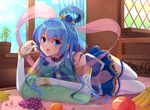  aqua_(konosuba) bad_id bad_pixiv_id blue_eyes blue_hair blue_skirt blush cherry detached_sleeves eyebrows_visible_through_hair food fruit highres hopepe kono_subarashii_sekai_ni_shukufuku_wo! long_hair looking_at_viewer lying on_bed on_stomach open_mouth skirt solo thighhighs white_legwear 