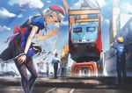  aoki_(miharuu) apron blue_eyes braids choker clouds gray_hair group hat industrial male original pantyhose scenic seifuku train 