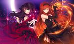  2girls black_hair blue_eyes crossover dress elbow_gloves fate/stay_night fire garter_belt headband jpeg_artifacts long_hair magic necklace orange_hair ribbons shingetsutan_tsukihime stockings thighhighs tohno_akiha tohsaka_rin yangsion 