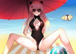  animal_ears beach breasts cleavage long_hair nero_(nilu) pink_hair red_eyes shade skintight spread_legs sunglasses swimsuit umbrella water 