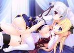  2girls ass blonde_hair breasts crossover justy_x_nasty long_hair lunaris_filia mikagami_mamizu nipples no_bra onose_mana open_shirt panties panty_pull seifuku sylvia_luna_infinitus thighhighs underwear whirlpool white_hair yuri 