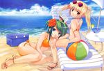  2girls beach bikini book clouds drink girls_avenue green_eyes green_hair scan sunglasses swimsuit tomozo_kaoru umbrella water 