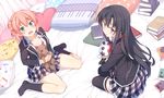  2girls animal bed black_hair blue_eyes book dog kneehighs pink_hair racer_(magnet) seifuku skirt thighhighs yahari_ore_no_seishun_love_come_wa_machigatteiru. yuigahama_yui yukinoshita_yukino 