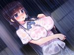  black_hair blue_eyes bra breasts cleavage erect_nipples long_hair munashi_mujou rain see_through seifuku underwear water wet 