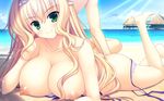  arisuzaki_tamaki beach bikini blonde_hair blush breasts game_cg green_eyes long_hair mainichi_ga_harem_sugite_ore_wa_yome_wo_kimerarenai! nipples ojitcha peassoft swimsuit topless 