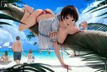  barefoot beach bikini breasts brown_hair camera clouds green_eyes group long_hair male nipples no_bra original pao_(otomogohan) short_hair shorts sky swim_ring swimsuit tree umbrella water 