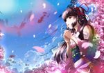  black_hair cherry_blossoms clouds japanese_clothes kimono long_hair original petals sky skyt2 