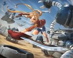  blonde_hair boots long_hair original robot shorts sword tugo weapon 