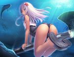  animal ass blue_eyes bubbles fish hyui_cf2 kantai_collection long_hair ro-500_(kancolle) school_swimsuit swimsuit underwater water 