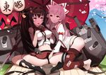  barefoot brown_hair crossover fujiwara_no_mokou kantai_collection long_hair nero_(nilu) panties petals ponytail red_eyes shimakaze_(kancolle) spread_legs torn_clothes touhou umbrella underwear yamato_(kancolle) yuri 